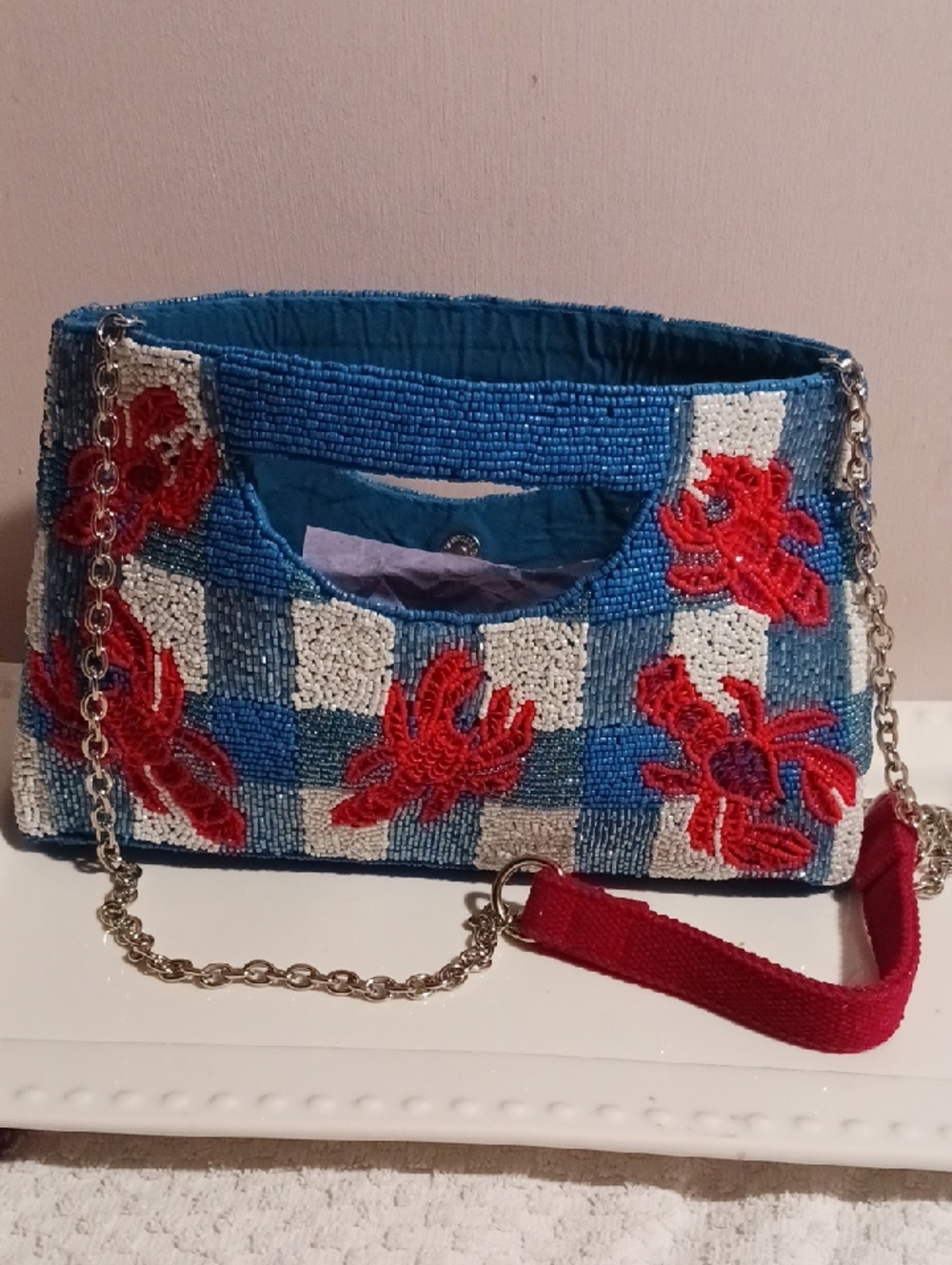 America & Beyond Blue Plaid Beaded Clutch With Red Embroidered Lobster Design
